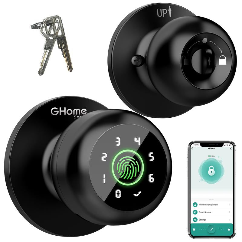 Ghome Smart 4 in 1 Smart Fingerprint Door Knob with Keypad Smart Door Lock, Biometric Door Knobs & App Control, Keyless Entry Door Lock Great for Home, Bedroom, Apartment Offices, Garages, Room Accessories