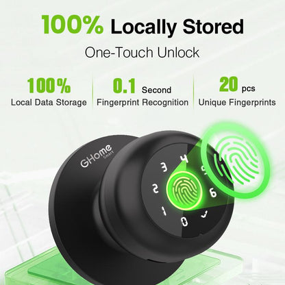 Ghome Smart 4 in 1 Smart Fingerprint Door Knob with Keypad Smart Door Lock, Biometric Door Knobs & App Control, Keyless Entry Door Lock Great for Home, Bedroom, Apartment Offices, Garages, Room Accessories