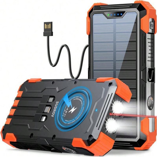 42800Mah Solar Charger Power Bank Wireless Charger Built in 4 Cables 7 Outputs 15 Watts Fast Charging Power Bank for All Mobile Devices with Dual Flashlights, Carabiner and Thermometer