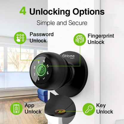 Ghome Smart 4 in 1 Smart Fingerprint Door Knob with Keypad Smart Door Lock, Biometric Door Knobs & App Control, Keyless Entry Door Lock Great for Home, Bedroom, Apartment Offices, Garages, Room Accessories