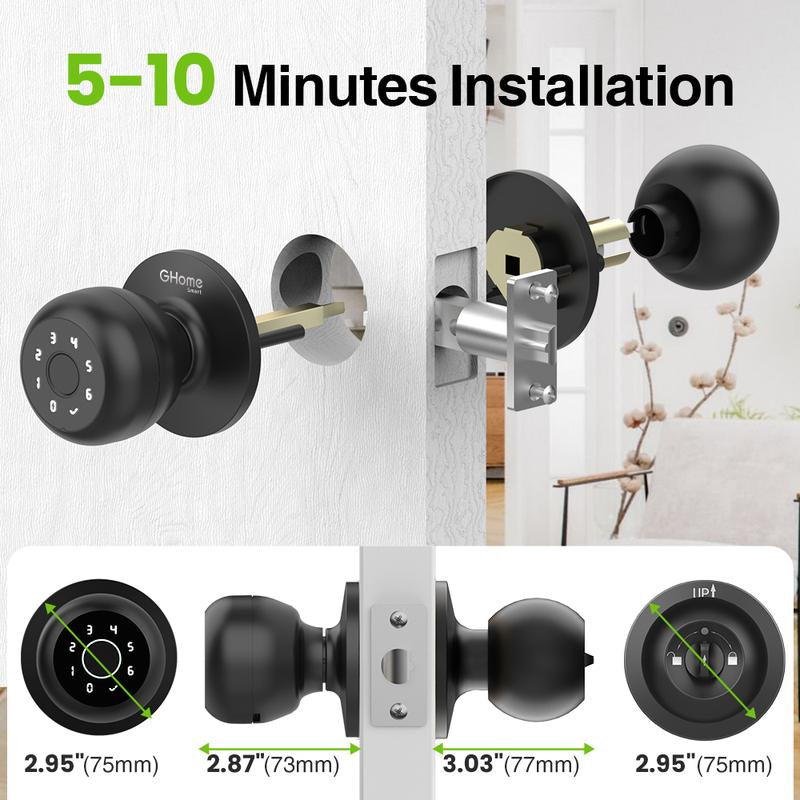 Ghome Smart 4 in 1 Smart Fingerprint Door Knob with Keypad Smart Door Lock, Biometric Door Knobs & App Control, Keyless Entry Door Lock Great for Home, Bedroom, Apartment Offices, Garages, Room Accessories